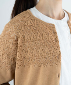 muuc 〈コットン100%強撚糸〉〈通気性が高いドライタッチな素材〉肩周り透かし編み・袖口レース編み コットンカーディガン