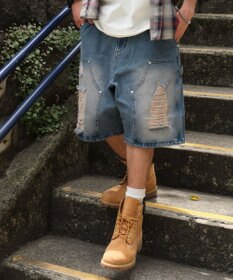 WEGO ダブルニーダメージデニムショーツ