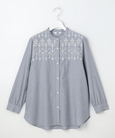 J.PRESS LADIES L ストライプ×エンブロイダリー バンドカラー ブラウス