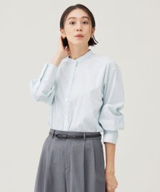 自由区 【スタイリストコラボ・洗える】SOMELOSバンドカラー シャツ サックスストライプ