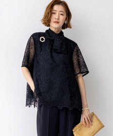 23区 L 【APPLAUDIR】Brocheリボンブーケレース ブラウス ネイビー系