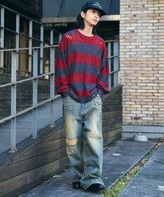 WEGO ボーダーダメージニットプルオーバー