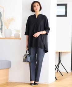 自由区 S 【UVカット・吸水速乾・洗える】ツイストプレーンバンドカラーチュニック丈 カットソー