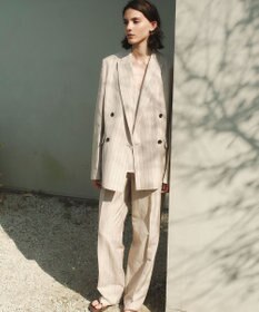 BEIGE， ERYTH / リネンストライプ タックワイドパンツ Flax × Bordeaux