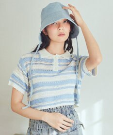 earth music&ecology キラキラボタン透かしニットポロ