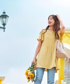 Tiaclasse L 【洗える】麻調ピンタックチュニックブラウス