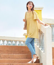 Tiaclasse L 【洗える】麻調ピンタックチュニックブラウス