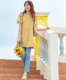 Tiaclasse L 【洗える】麻調ピンタックチュニックブラウス