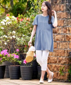 Tiaclasse L 【洗える】麻調ピンタックチュニックブラウス