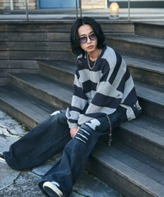 WEGO ボーダーダメージニットプルオーバー