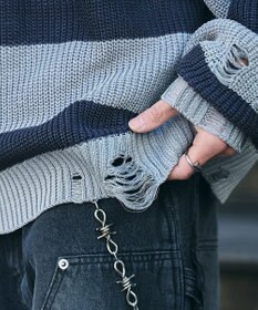 WEGO ボーダーダメージニットプルオーバー