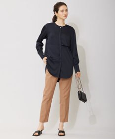 ICB 【洗える】 サテンクレープ ノーカラーブラウス