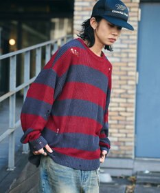 WEGO ボーダーダメージニットプルオーバー