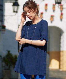 Tiaclasse L 【洗える】シアーチェックリボン袖チュニックブラウス