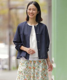 J.PRESS LADIES L 【季節の変わり目に】リネンシアースラブ ノーカラー ブルゾン ネイビー系