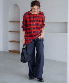 23区 L 【Lサイズ限定】ブラッシュド ビエラチェック ノーカラーブラウス