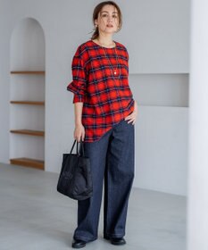 23区 L 【Lサイズ限定】ブラッシュド ビエラチェック ノーカラーブラウス