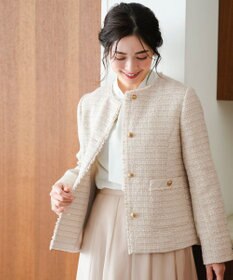 ANY SIS L ノーカラーフリンジツイード ジャケット