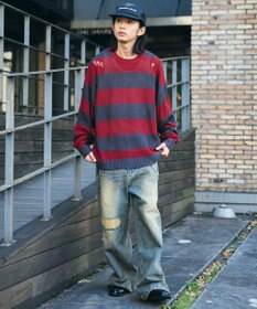 WEGO ボーダーダメージニットプルオーバー