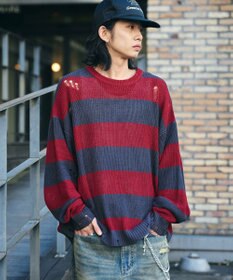 WEGO ボーダーダメージニットプルオーバー