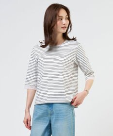 J.PRESS LADIES スムースジャージー ボーダー カットソー オフ×ネイビー系