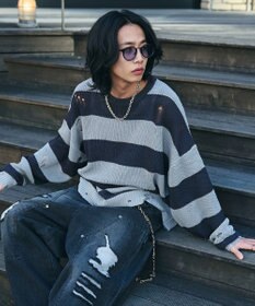 WEGO ボーダーダメージニットプルオーバー