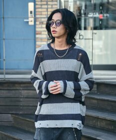 WEGO ボーダーダメージニットプルオーバー