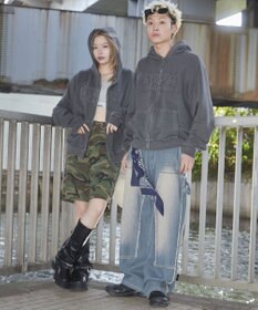 WEGO 【ユニセックス着用ITEM】ピグメントダメージアップリケZIPパーカー