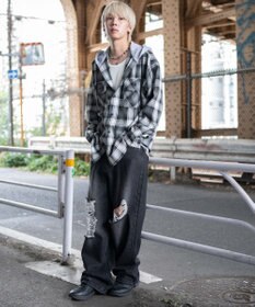 WEGO 【25年秋冬新作/ユニセックス着用ITEM/MLサイズ展開】オンブレチェックフードネルシャツ（LS）