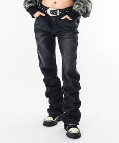 WEGO 【ユニセックス着用ITEM】シャーリングフレアデニムスキニーパンツ