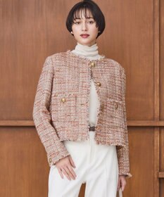 23区 GIOLICAツイード ノーカラー ボタン ジャケット テラコッタミックス
