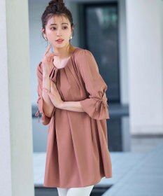 Tiaclasse L 【洗える】リボン付きタックスリーブチュニックブラウス