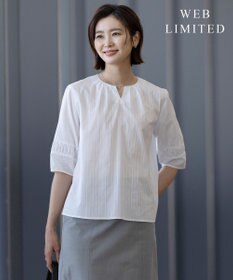 J.PRESS LADIES L 【WEB限定・洗える】セルロースカラミストライプ キーネック ブラウス
