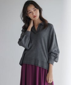 組曲 【加藤ローサさん着用】ポロ襟ストレッチニット グレー系