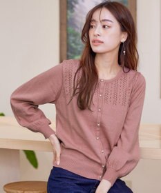 Tiaclasse 【洗える】透かし柄ニットコンビカーディガン