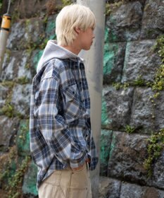 WEGO 【25年秋冬新作/ユニセックス着用ITEM/MLサイズ展開】オンブレチェックフードネルシャツ（LS）