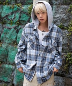 WEGO 【25年秋冬新作/ユニセックス着用ITEM/MLサイズ展開】オンブレチェックフードネルシャツ（LS）