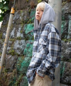 WEGO 【25年秋冬新作/ユニセックス着用ITEM/MLサイズ展開】オンブレチェックフードネルシャツ（LS）