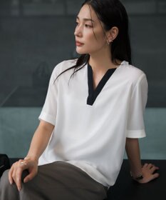 ICB BackSatinAmunzen 5分袖Vネック配色ブラウス オフホワイト