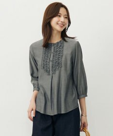 J.PRESS LADIES 【洗える・速乾・接触冷感】リライムライトローン フリル ブラウス グレーシャンブレー系
