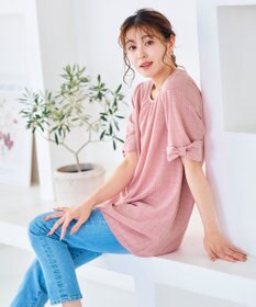 Tiaclasse L 【洗える】シアーチェックリボン袖チュニックブラウス