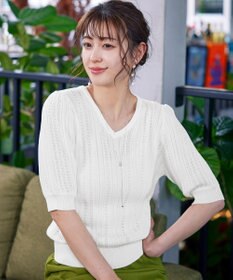 Tiaclasse L 【洗える】パフスリーブ透かし編みニットトップス