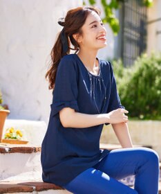 Tiaclasse L 【洗える】シアーチェックリボン袖チュニックブラウス