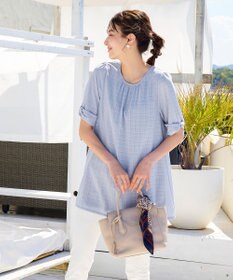 Tiaclasse L 【洗える】シアーチェックリボン袖チュニックブラウス