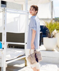 Tiaclasse L 【洗える】シアーチェックリボン袖チュニックブラウス