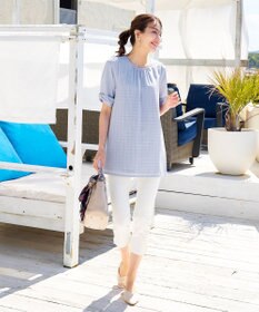 Tiaclasse L 【洗える】シアーチェックリボン袖チュニックブラウス