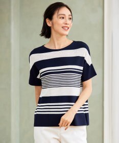自由区 【UVカット・洗える】クレープストレッチボーダー ニット ネイビー×オフホワイト(ボーダー)