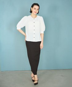 #Newans 【洗濯機可能/シワになりにくい】〈肩幅・二の腕が華奢見えする〉パフスリーブバイカラーブラウス