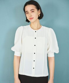 #Newans 【洗濯機可能/シワになりにくい】〈肩幅・二の腕が華奢見えする〉パフスリーブバイカラーブラウス