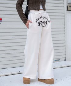 WEGO 【ウエストゴム】グラフィック刺繍裏起毛ワイドSWTパンツ